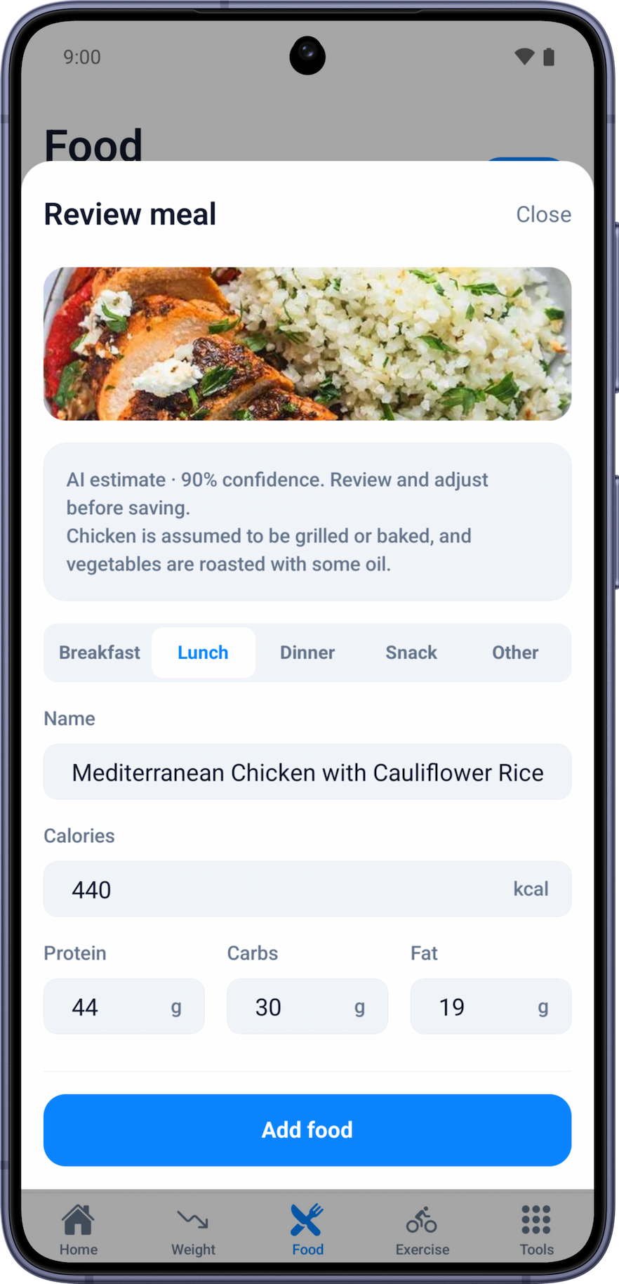 Weightlytic app AI meal photo analysis screen built by Steony